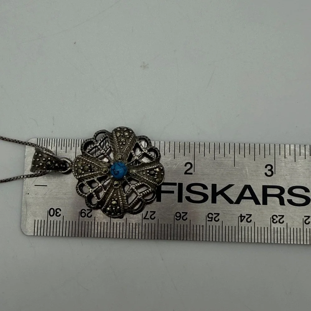 VTG Sterling Silver Turquoise Marcasite Pendant Necklace Italy 18 Inch Estate